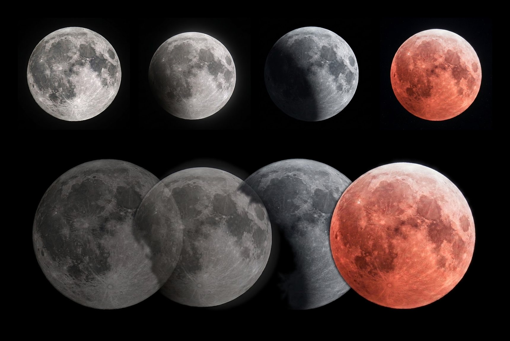 A stacked sequence showing the progression of a lunar eclipse